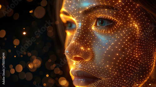 Woman face model looking at the camera made of weaving patterns of lines and dots of gold light on black background. closeup view. Generative AI.