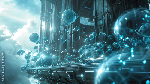 Molecular structures in a futuristic setting, bubbles floating in the air, fluffy cloud sky photo