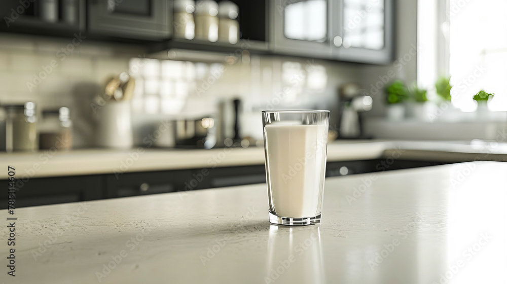 A glass of milk on a kitchen counter. A glass of milk on a kitchen counter.