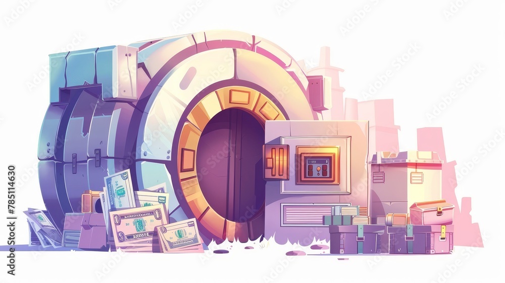 Isolated on white background, a cartoon illustration of a bank vault, round metal safe doors, portable safes and piles of banknotes. - obrazy, fototapety, plakaty 