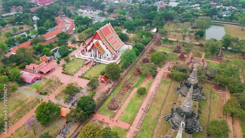 Aerial view of the Thailand landmarks, Aerial view of Wat Phra Si Sanphet, Ayutthaya temple in Thailand, Aerial view of temples in the province of Ayutthaya Ayutthaya Historical Park Thailand photo