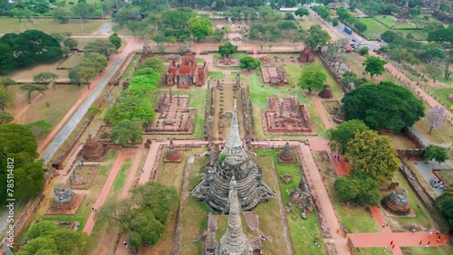 Aerial view of the Thailand landmarks, Aerial view of Wat Phra Si Sanphet, Ayutthaya temple in Thailand, Aerial view of temples in the province of Ayutthaya Ayutthaya Historical Park Thailand photo