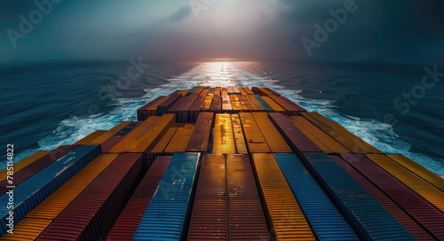 The deck of a massive ship with shipping containers stacked hundreds of feet in the air sailing on the open ocean. Generative AI.