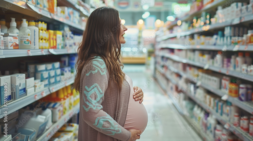 Smiling pregnant woman at the pharmacy, in drugstore, store buying vitamins Smiling pregnant woman at the pharmacy, in drugstore, store buying vitamins