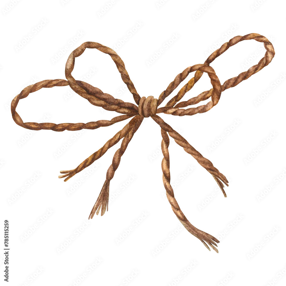Brown watercolor rope with a knot and a bow. Illustration of a hand drawn cord on a white background. Rope made of jute thread with a loop. Twisted, braided, spiral fiber.