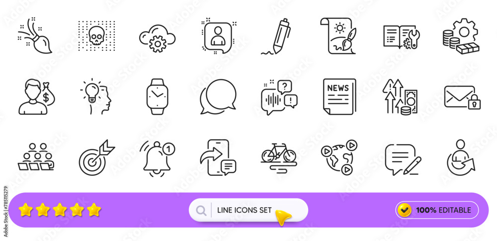 Inflation, Cloud computing and Smartwatch line icons for web app. Pack of Creative painting, Voicemail, Signature pictogram icons. Bike, Video conference, Idea signs. Target, Secure mail. Vector - obrazy, fototapety, plakaty 