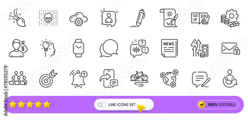 Inflation, Cloud computing and Smartwatch line icons for web app. Pack of Creative painting, Voicemail, Signature pictogram icons. Bike, Video conference, Idea signs. Target, Secure mail. Vector
