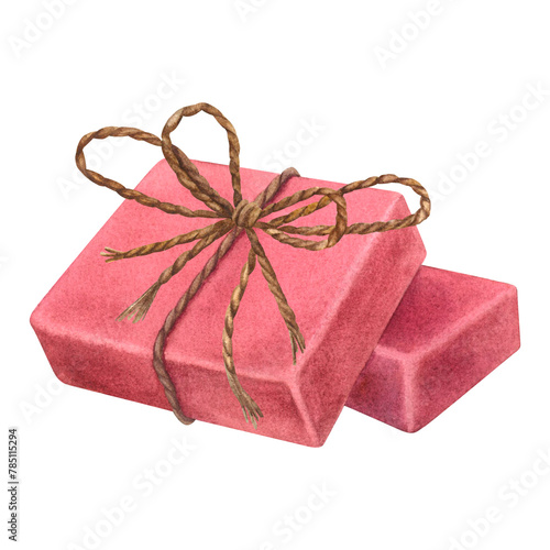 Pink handmade natural soap bars with a jute rope bow. Hand drawn watercolor illustration of organic spa soap on isolated background. Use for design and promotional products of aromatherapy center, spa
