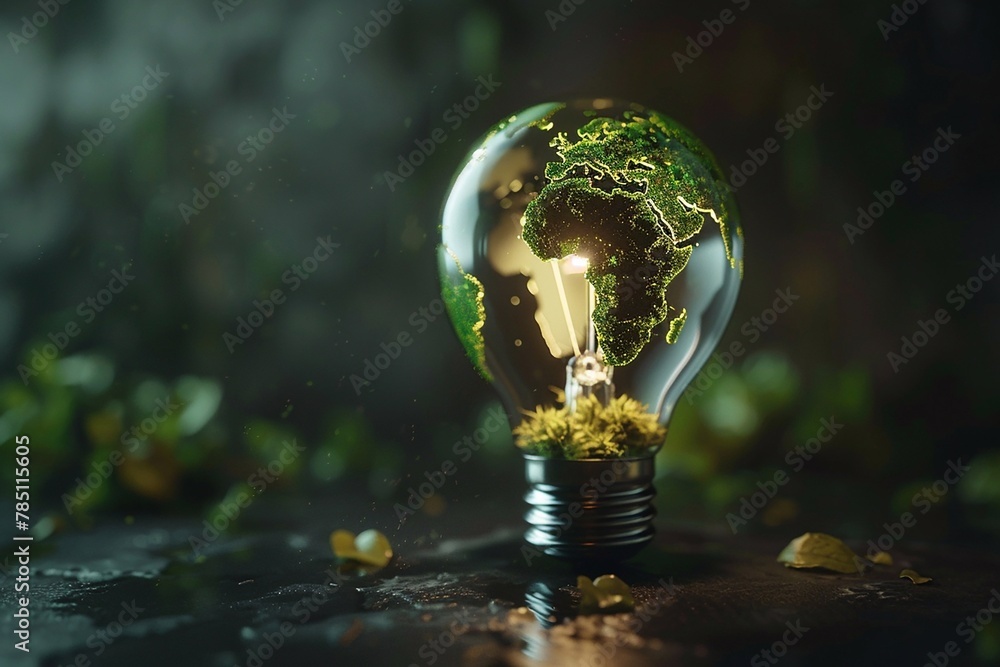 3D illustrations of Renewable energy, The green world map is on a light