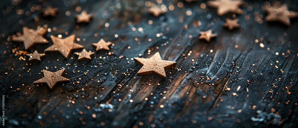 Rustic wooden stars on a dark blue glittering background.