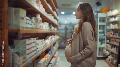 Smiling pregnant woman at the pharmacy, in drugstore, store buying vitamins
