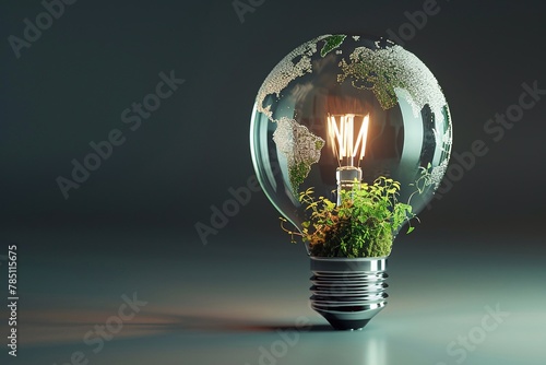 3D illustrations of Renewable energy, The green world map is on a light bulb represents green energy, Renewable energy.