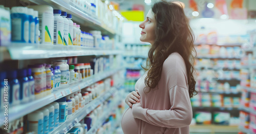 Smiling pregnant woman at the pharmacy, in drugstore, store buying vitamins