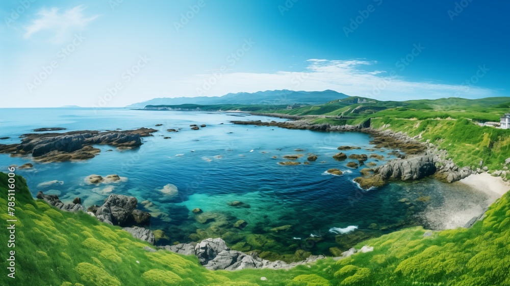 Tranquil coastal landscape features a lush green ocean, offering a serene escape into nature's embrace and the soothing rhythm of gentle waves.
