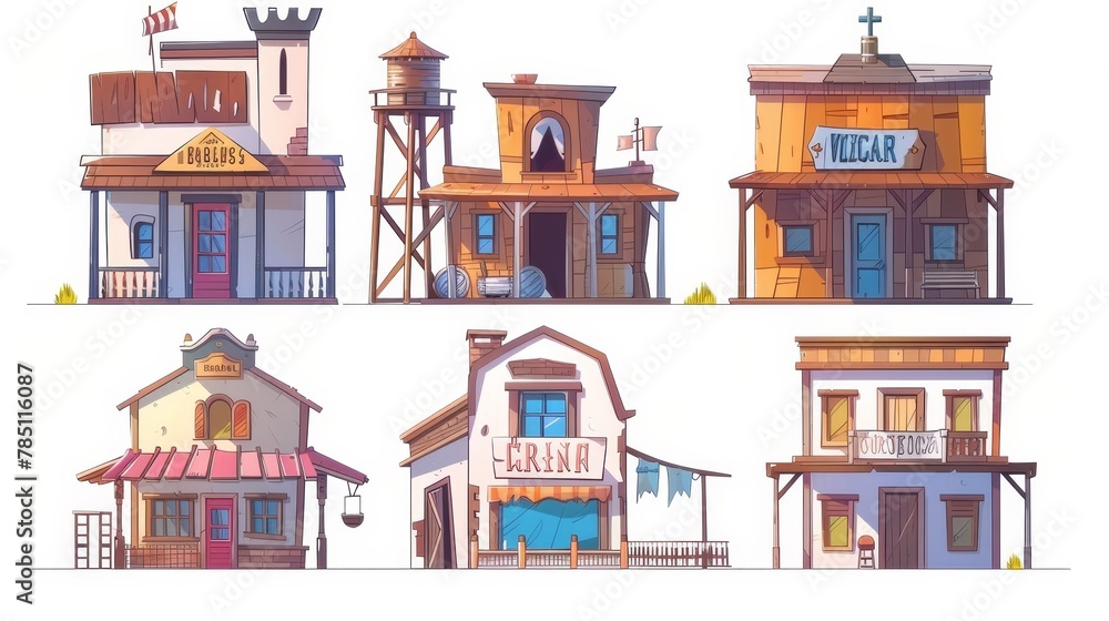 The wild west buildings set on a white background with a store, bank, hotel, and weather vane. Traditional western architecture with wooden building on a white background. House exterior with cowboy