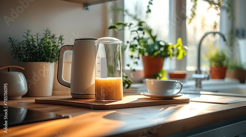 The glass kettle features a sleek and modern design on a wooden kitchen counter top. Generative AI. photo