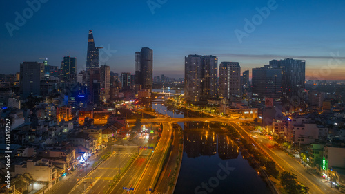 August 23, 2023: Panorama of District 1, Ho Chi Minh City in the early morning © Long