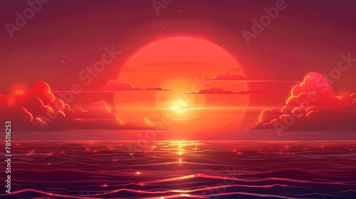 Sea sunset in red light of evening sun. Tropical landscape with ocean, sky and clouds. Modern cartoon of summer seascape with orange reflections in water and coastline silhouettes.