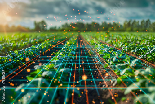 Digital interface over green crop field with light effects