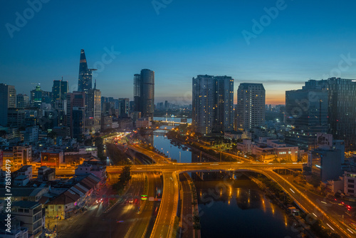 August 23, 2023: Panorama of District 1, Ho Chi Minh City in the early morning