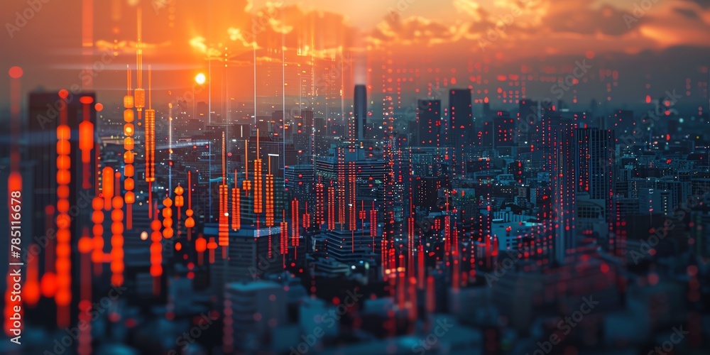 A cityscape at night with stock exchange trading chart double exposure. The colors are vibrant and the lights are shining brightly. The city is full of skyscrapers A cityscape at night with stock exchange trading chart double exposure. The colors are vibrant and the lights are shining brightly. The city is full of skyscrapers