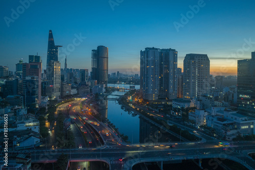 August 23, 2023: Panorama of District 1, Ho Chi Minh City in the early morning