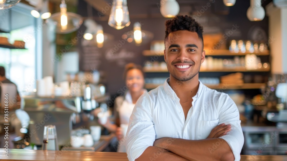Smiling Cafe Owner Standing Proudly Smiling Cafe Owner Standing Proudly