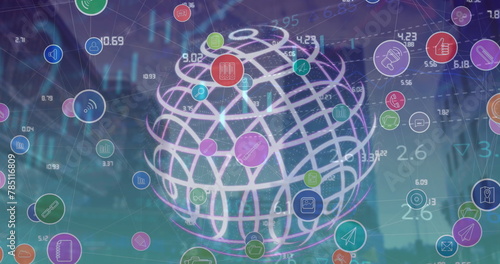 Image of network of digital over spinning globe and data processing against tall building