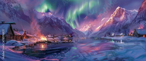 A breathtaking illustration of the Northern Lights dancing above snow-covered mountains, reflecting on an icy lake surrounded by cozy cottages © AnimeBG