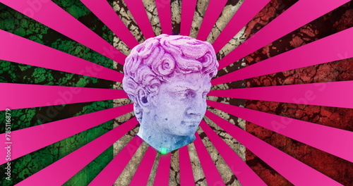 Image of antique head sculpture over pink stripes and flag of italy background