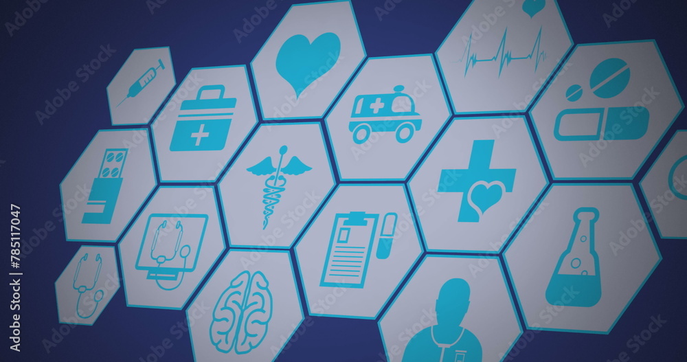 Image of multiple medical icons floating against blue background Image of multiple medical icons floating against blue background