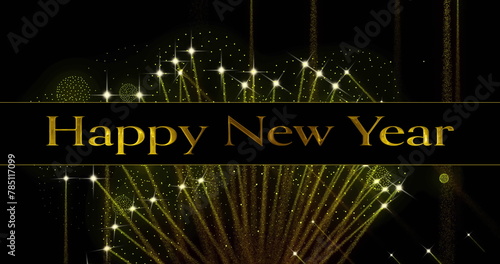 Image of happy new year text over fireworks on black background