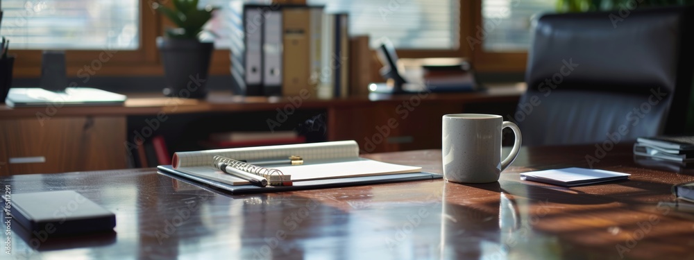 A well-organized desk with coffee mug, and notepad, representing the daily grind of office work. A well-organized desk with coffee mug, and notepad, representing the daily grind of office work.