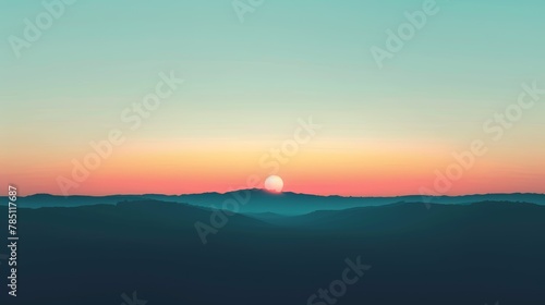 Sunset or sunrise over mountain landscape with gradient sky.