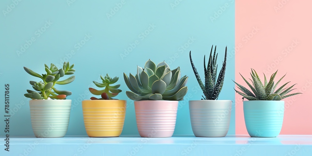 Five succulents in pots of various colors against a blue and pink background.