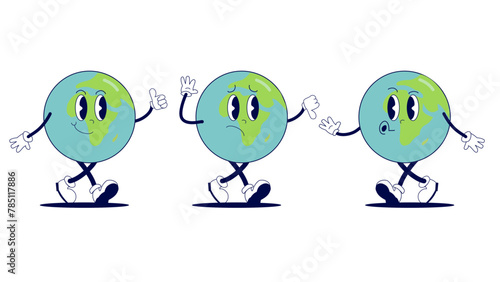 Cartoon planet Earth character. Funny globe in style of 1950s animation.