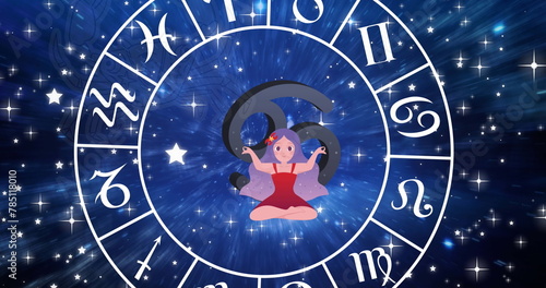 Image of horoscope symbols over stars on blue background