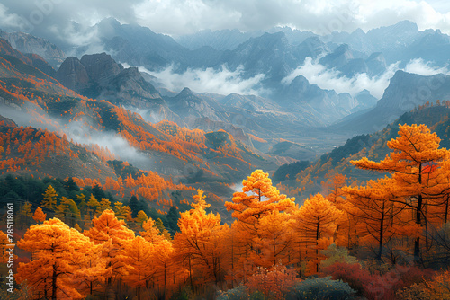 autumn landscape in the mountains,
Golden Autumn Scenery of Qinling Mountains in Sh photo