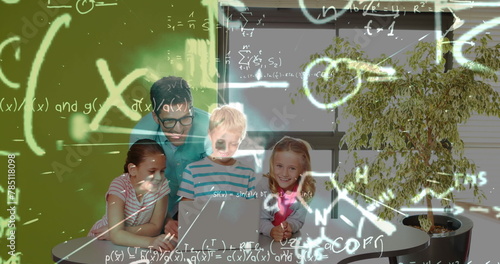 Image of math formulas moving over happy diverse pupils working on laptop