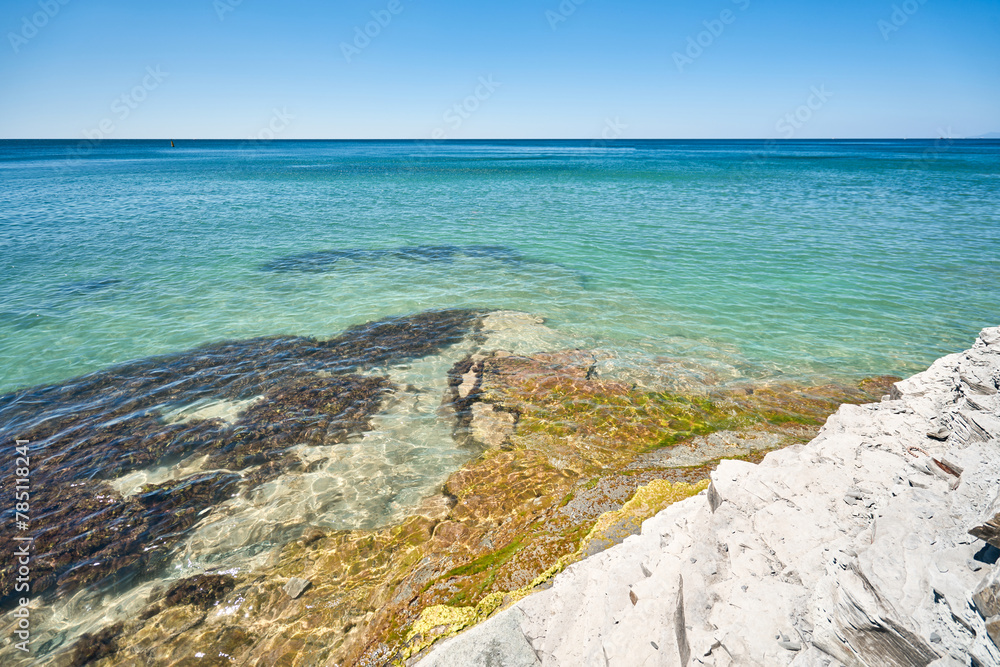 White rocks and clear blue water. Empty beach in Gelendzhik, Russia