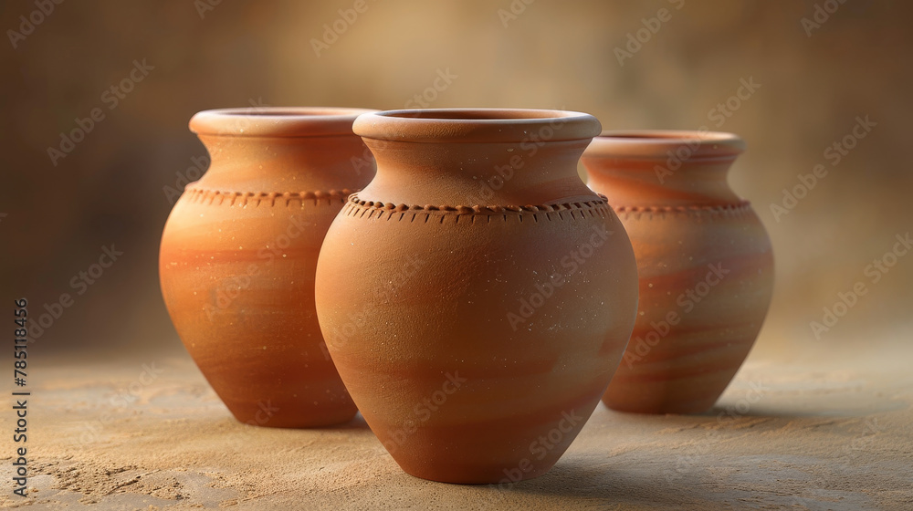 Three terracotta pots bask in warm sunlight with contrasting shadows. Three terracotta pots bask in warm sunlight with contrasting shadows.