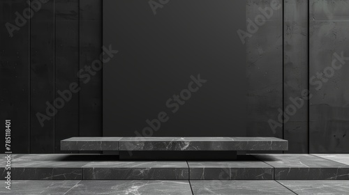 Minimalist black marble podium on dark textured background