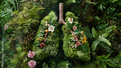 healthy lungs filled with lush greens, moss, and flowers, on a forest greenery background for World Asthma Day © World of AI