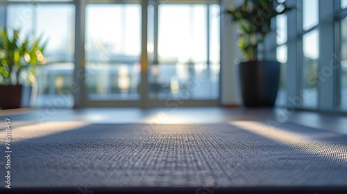 Black yoga mat on the floor in a bright room with windows photo