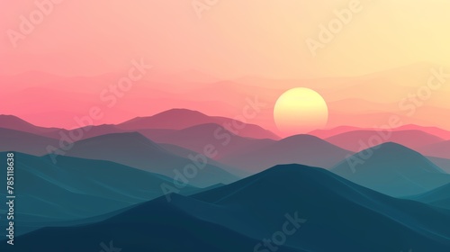 Sunset over rolling hills with a warm gradient of pink and orange.