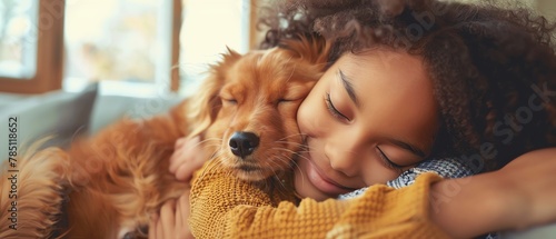 An adorable young girl hugging her beloved dog photo
