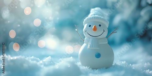 A cute snowman is standing in a snowy forest. He is wearing a blue hat and a red scarf. The background is blurred, and there are snowflakes falling. photo