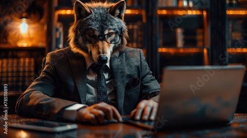 A businessman with a wolf's head in a business suit and tie, wearing glasses on a blurred background. Wolf character