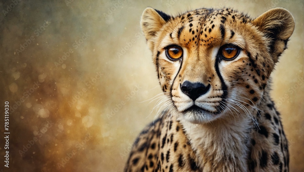 Detailed image capturing the striking features and intense gaze of a cheetah set against a textured, soft background Detailed image capturing the striking features and intense gaze of a cheetah set against a textured, soft background