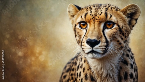 Detailed image capturing the striking features and intense gaze of a cheetah set against a textured, soft background